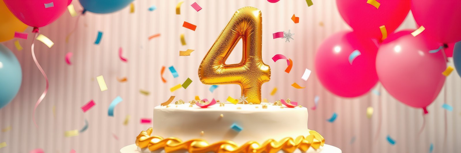 Celebration of a child's fourth birthday with a decorated cake and colorful balloons